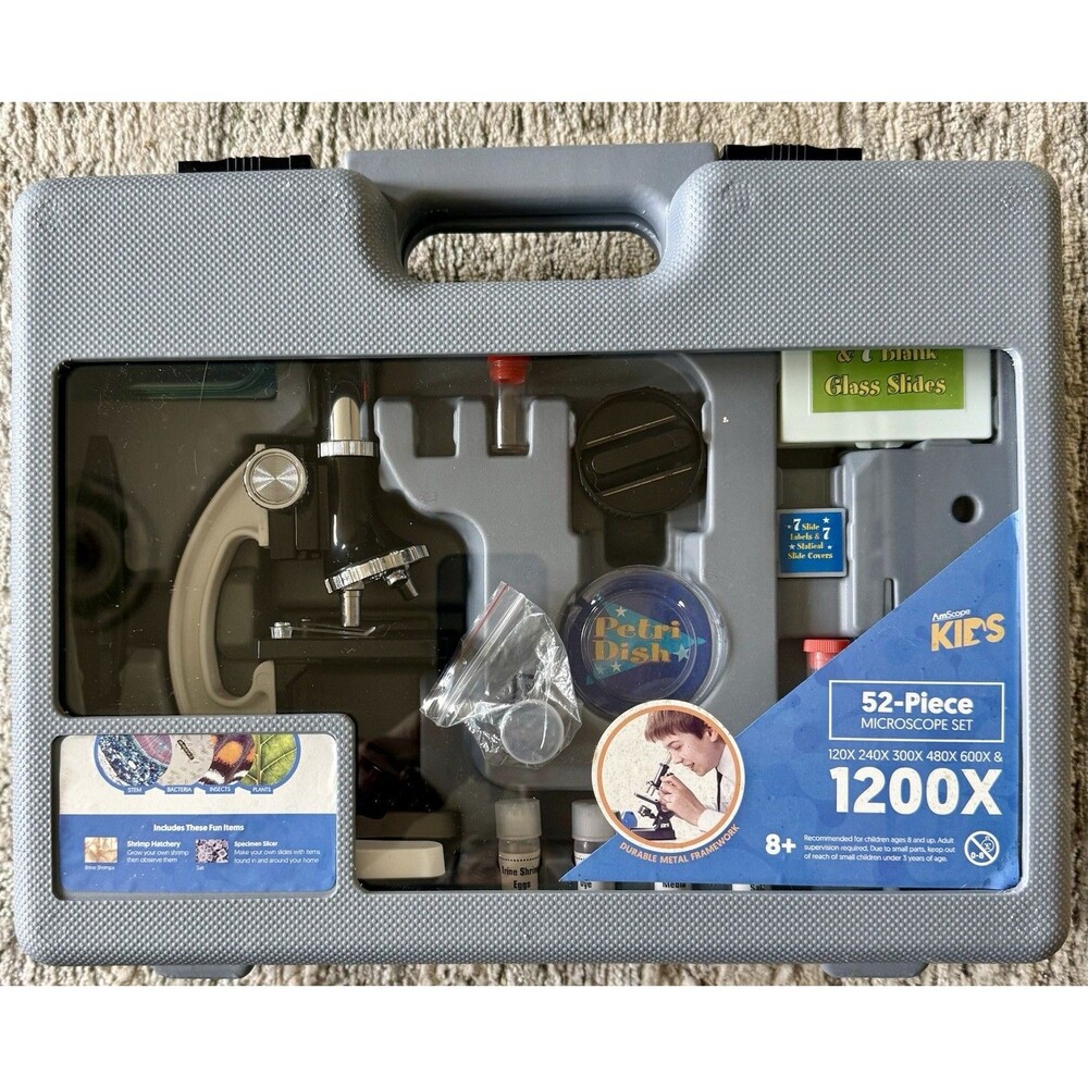 AmScope 52pc 120X-1200X Kids Starter Compound Microscope Portable Science Kit